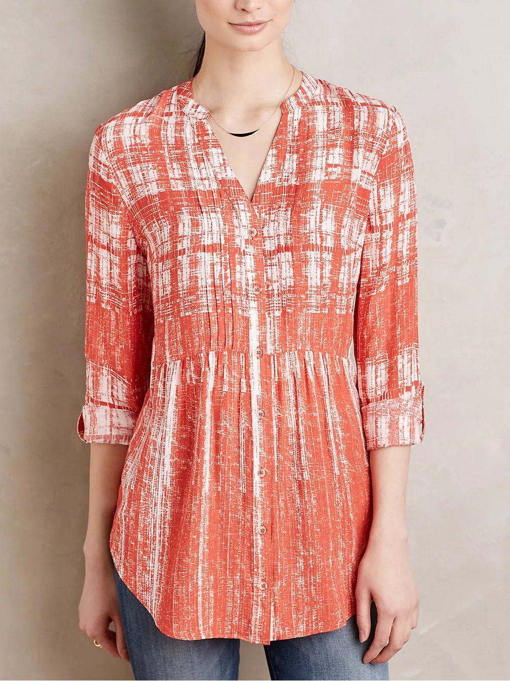 Maeve Anthropologie Calia Tunic 0 Orange White Button Front Boho Blouse